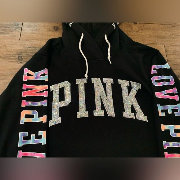 PINK VS HTF WATERCOLOR BLING HOODIE/ IRIDESCENT JOGGERS OUTFIT SET LARGE - Picture 7 of 12